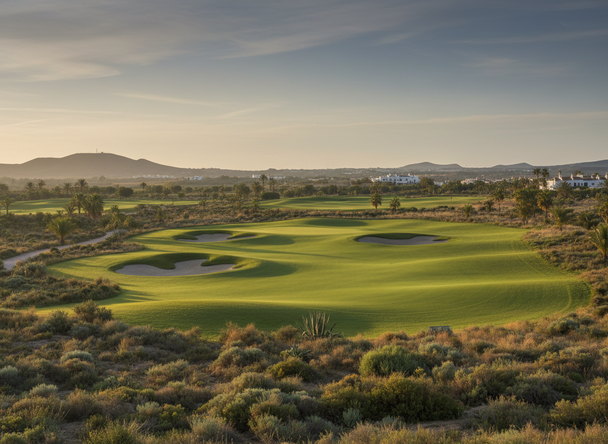 Professional photograph of Hacienda Riquelme golf course in Murcia Spain, picturesque rolling green fairways
