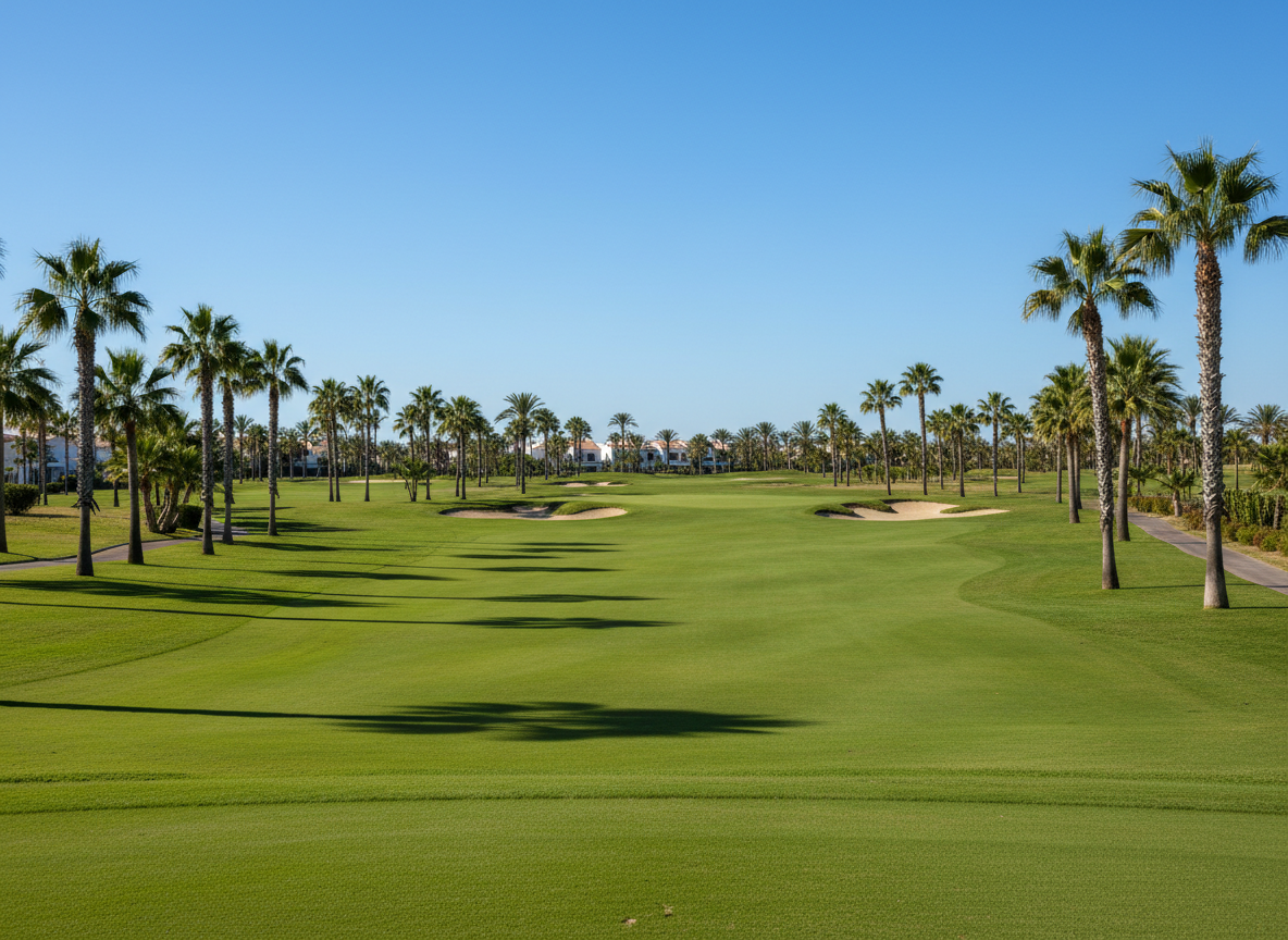 Professional photograph of La Torre golf course in Murcia Spain, beautifully maintained emerald greens