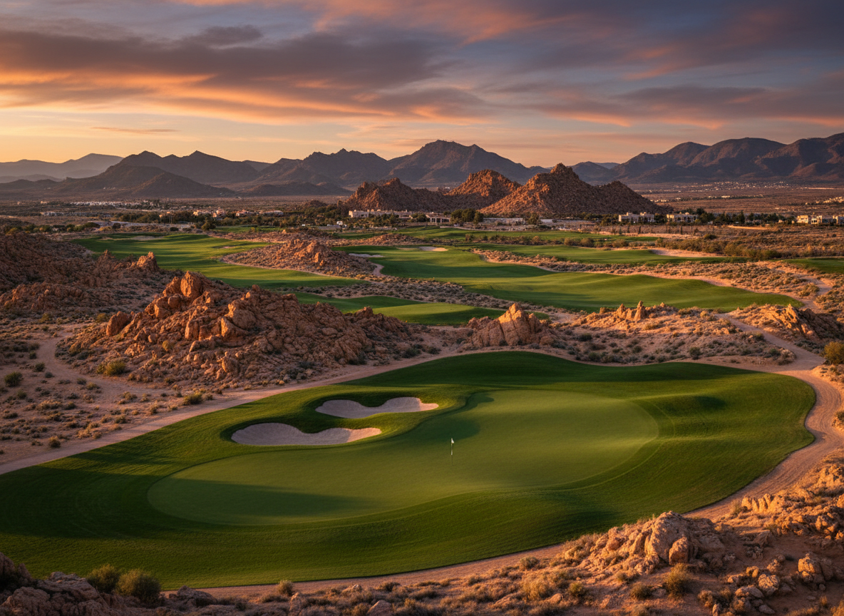 Professional photograph of El Valle golf course in Murcia Spain, strategic desert-style championship layout
