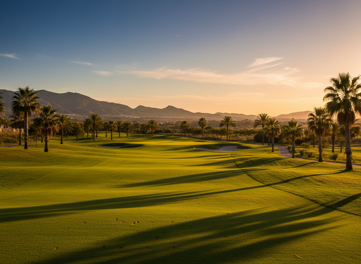 Stunning sun-drenched golf course fairway in Murcia, Spain at golden hour with palm trees and Spanish hills.