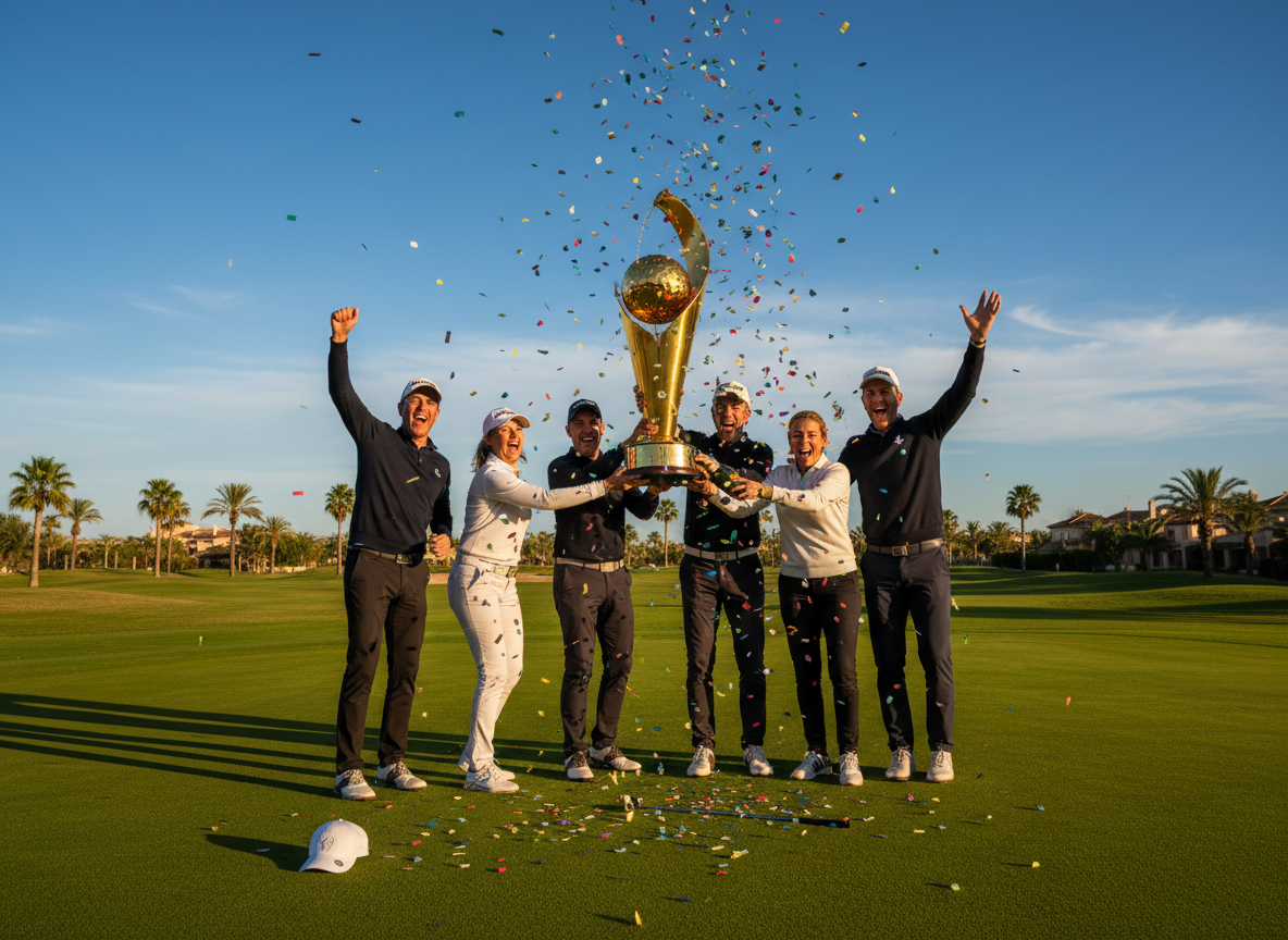 Vibrant photo of golfers celebrating and holding a large golden trophy on a beautiful sunny golf course in Murcia, Spain