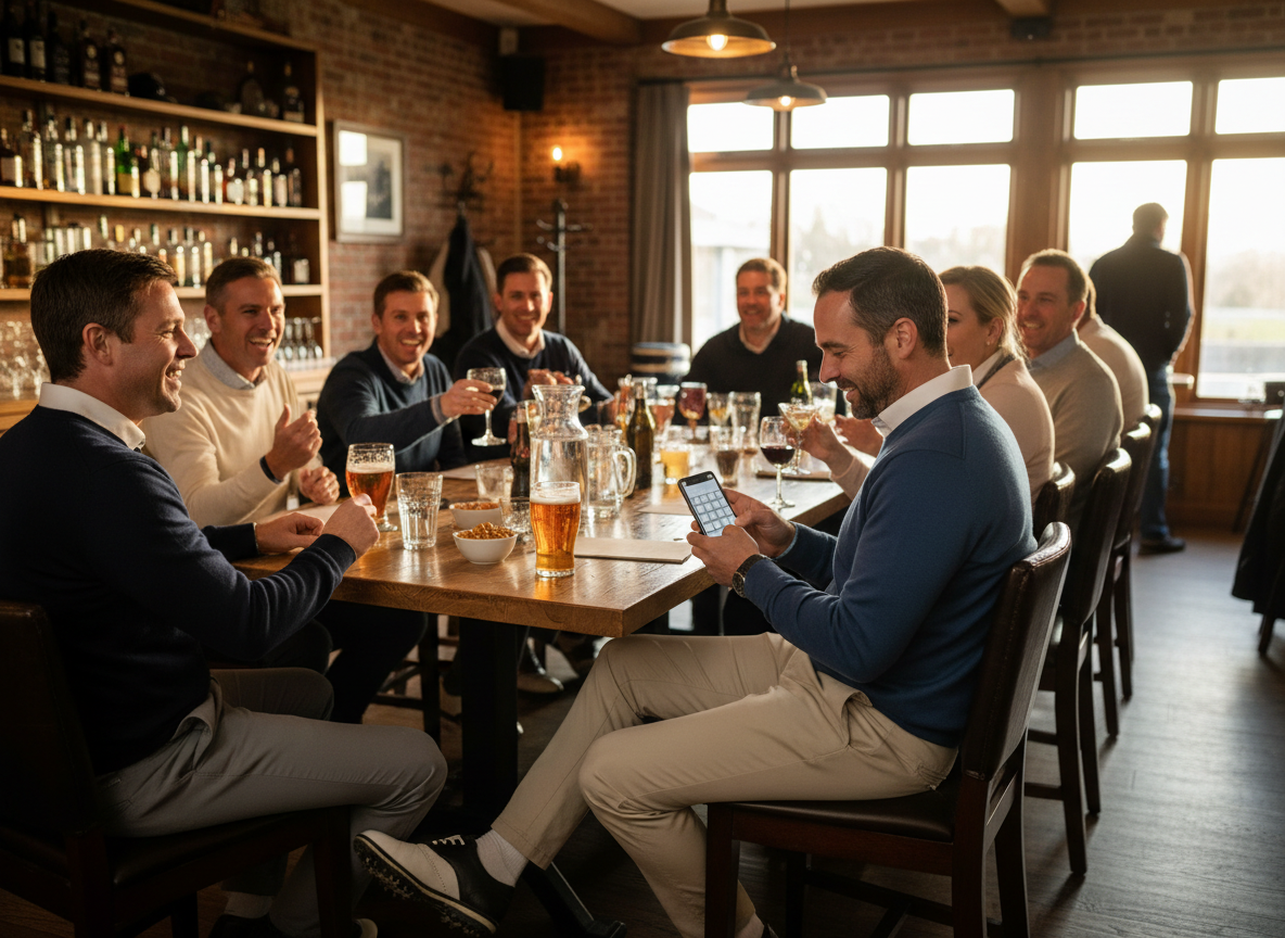 A Premier Golf Society member entering scores on a phone at a bar table after a round