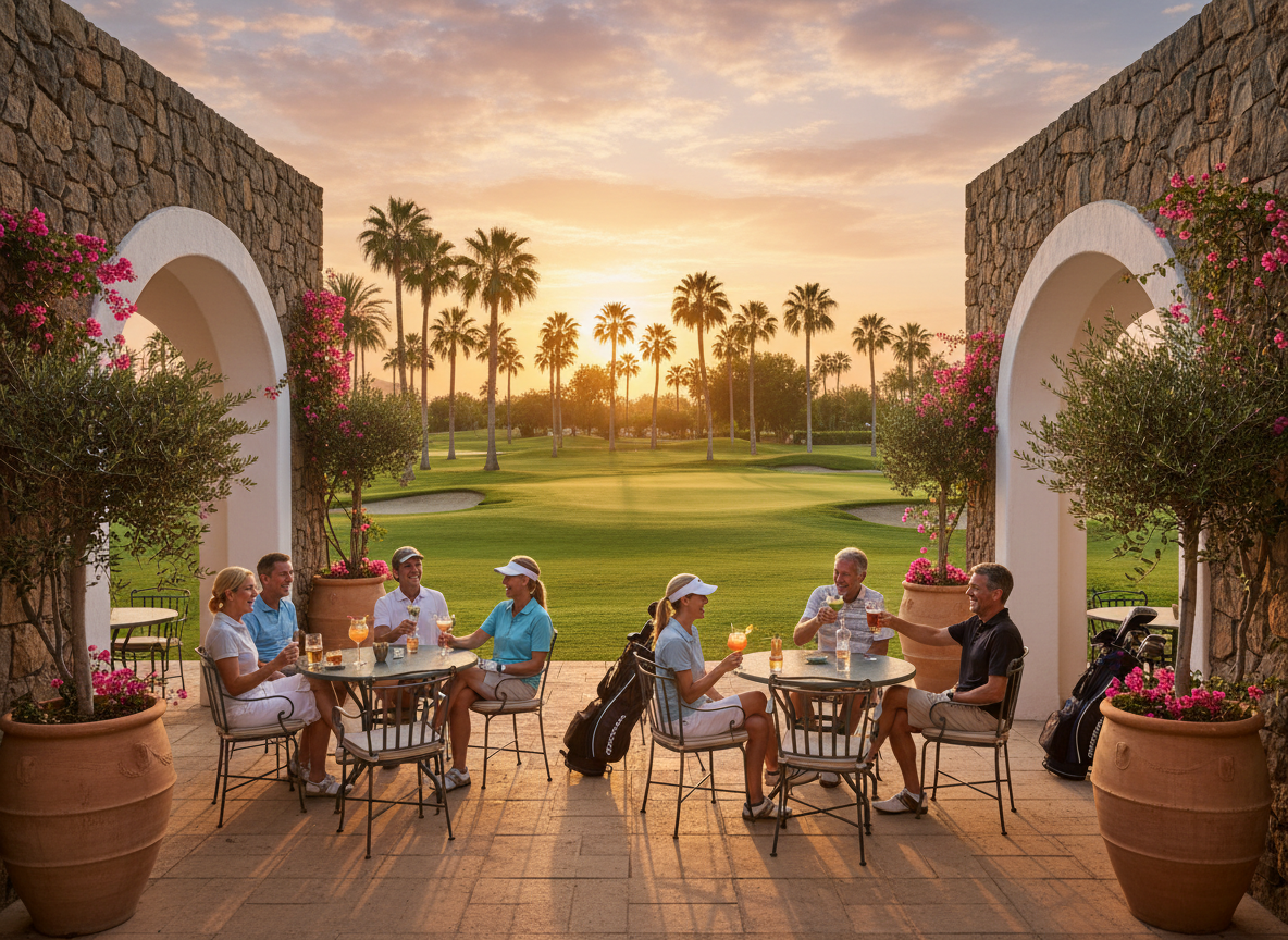 Golfers relaxing at a sunny Spanish bar terrace overlooking a golf course at sunset