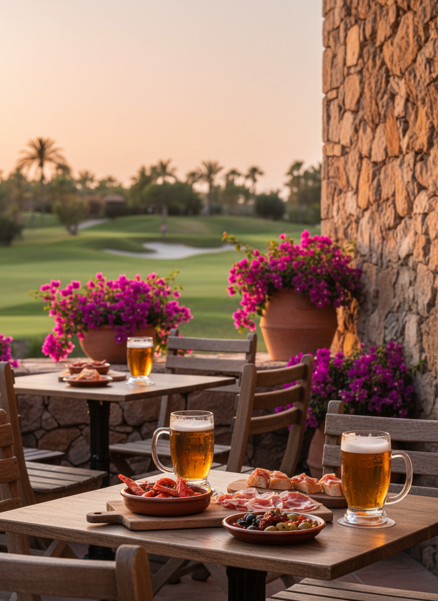 A Spanish bar terrace with stone walls, wooden tables and sunset light beside the golf course