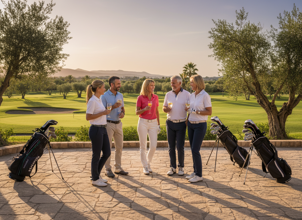 Group of golfers socialising outdoors after a round in warm afternoon sun